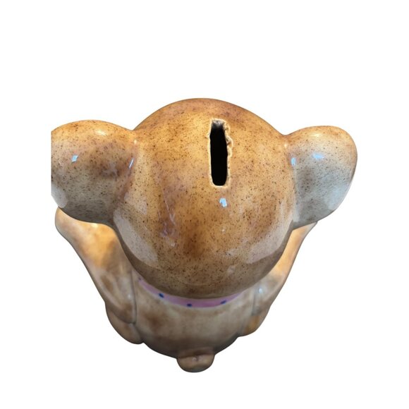 Vintage Ceramic Brown Teddy Bear Bank / Decoration Pink Bow 11" - Picture 5 of 9